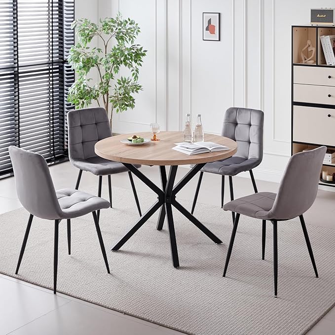 39" Round Dining Table Set for 4, Mid Century Kitchen Table with 4 Velvet Dining Chairs for Apartment Living Room Space Saving