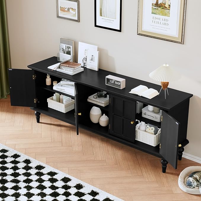 3More 67" Mid Century Modern TV Stand with Window Design,Wood Entertainment Center with Open Shelf,Up to 70" Media TV for Living Room or Bedroom,Black