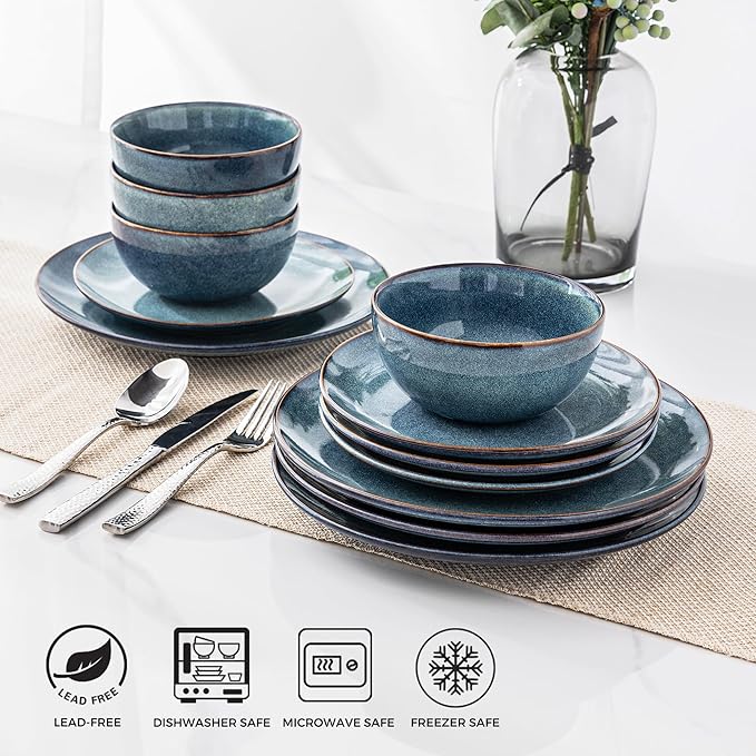 AmorArc Ceramic Dinnerware Sets for 4, 12 Pieces Handpainted Plates and Bowls Set, Scratch Resistant Stoneware Dishes Set, Dishwasher & Microwave Safe, Ceylon Blue