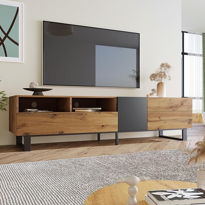 Merax Modern TV Entertainment Center with 3 Cabinets & Open Shelves, Wood TV Stand for TVs Up to 80” for Living Room Bedroom (Wood Color)