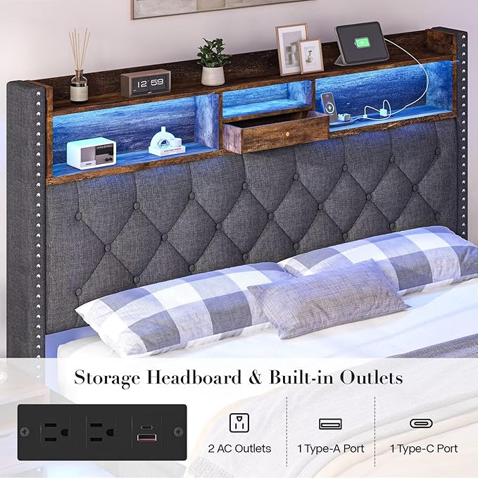 Queen Size Bed Frame, Linen Storage Headboard with LED Light & Charging Station, Upholstered Platform Bed with 2 Storage Drawers, Steel Slats Support, No Box Spring Needed, Grey