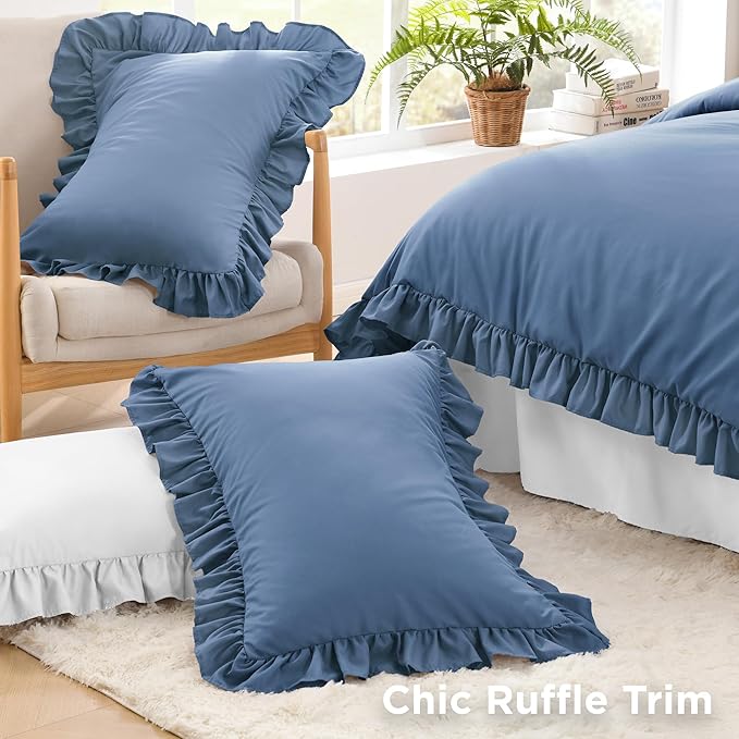 Litanika Ocean Blue King Size Comforter Set, 3 Pieces Ruffle Farmhouse Aesthetic Bedding Comforter Set, All Season Soft Lightweight Fluffy Microfiber Bed Set(104x90In Comforter, 2 Pillowcases)