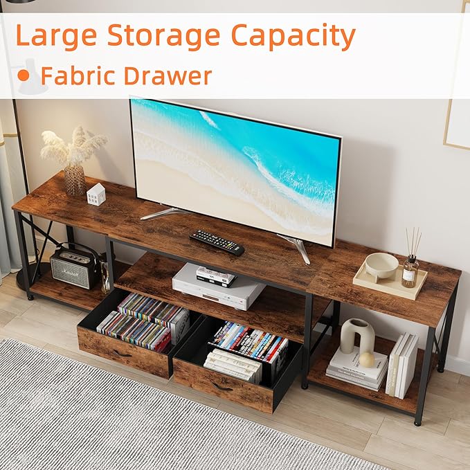 TV Stand with Fabric Drawers for 80 85 Inches TV - Entertainment Center and Industrial TV Console Table with Open Storage Shelves for Living Room, Bedroom- 79.1" Rustic Brown