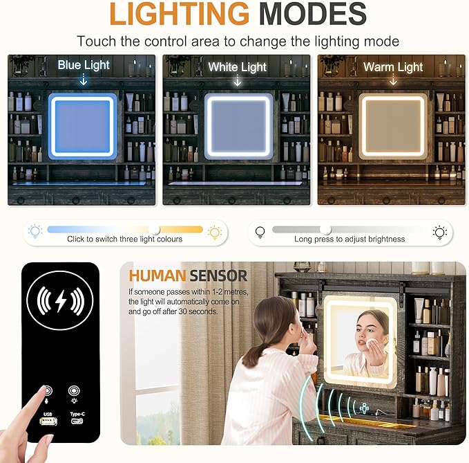 HNEBC 40" W Makeup Vanity Desk with Sliding Mirror and Lights,Farmhouse LED Vanity Set with Jewelry Armoire,Glass Tabletop Vanity Table with Charger,Adjustable Cabinet,6 Drawers,10 Shelves (Oak)