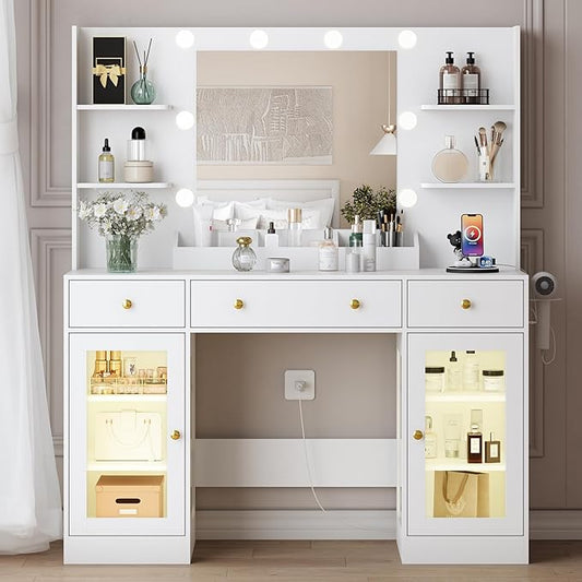 Vanity Desk with Mirror and Lights, Large Makeup Vanity Set with Power Outlet & RGB Glass Cabinet, 3 Drawers, White Vanity Mirror with Lights Dressing Table for Girls Women, 3 Color Modes