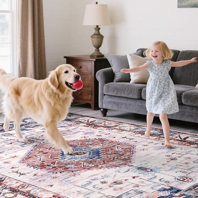 Washable Area Rugs for Living Room, Red 4x6 Non Slip Vintage Floral Room Rug for Bedroom, Low Pile Indoor Carpet for Dining Room, Home Office, Kitchen, Dorm