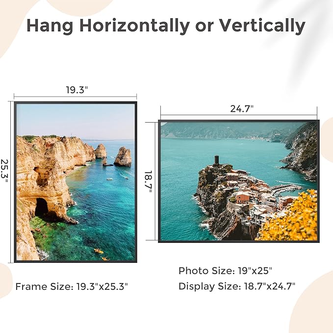 19x25 Metal Picture Frame - Black Aluminum Picture Frames with Real Glass, Wall Mounting Horizontally or Vertically, Diploma, Certificates and Decor for Wall Gallery 25x19 Frame, Black