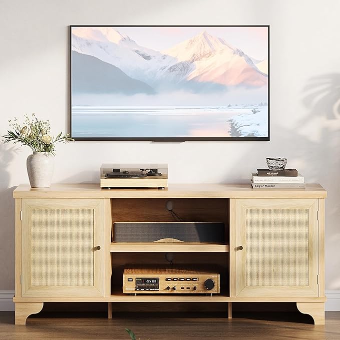 Rattan TV Stand Fits TVs Up to 70 Inches, Farmhouse Entertainment Center with Cabinets and Open Shelves, Wooden Media Console Table for Living Room, Oak