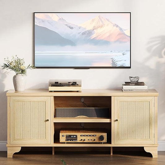 Rattan TV Stand Fits TVs Up to 70 Inches, Farmhouse Entertainment Center with Cabinets and Open Shelves, Wooden Media Console Table for Living Room, Oak