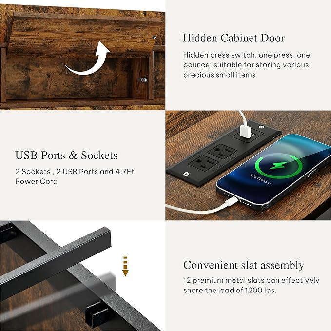 YITAHOME King Bed Frame with Bookcase Headboard and 4 Storage Drawers, RGB LED Lights Bed with Type-C & USB Charging Station Storage Headboard Bed Frame, No Box Spring Needed, Noise Free, Rustic Brown