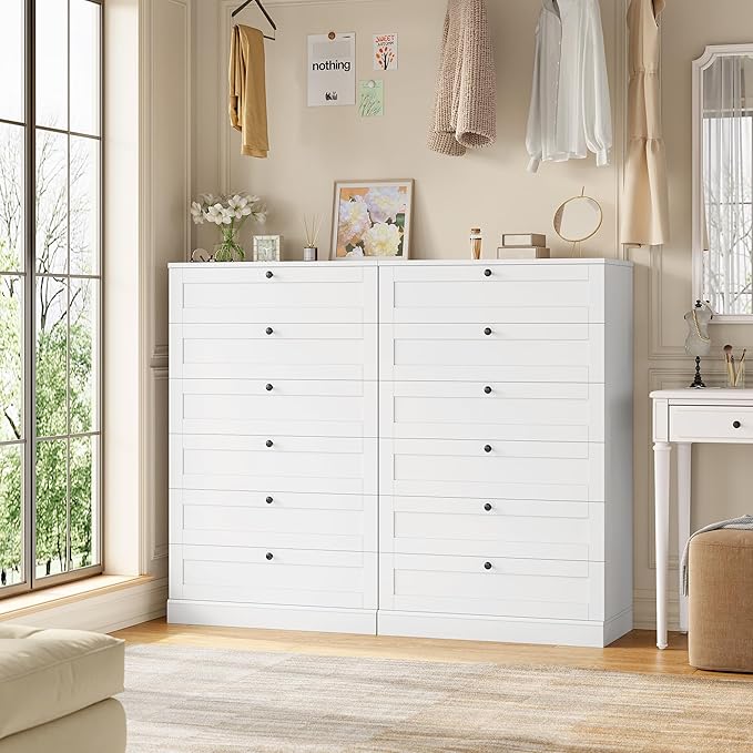 HOSTACK White 6 Drawer Dresser for Bedroom, 52" Tall Dresser & Chest of Drawers, 29" W Wood Drawer Chest, Modern Vertical Storage Cabinet for Living Room, Entryway, Hallway