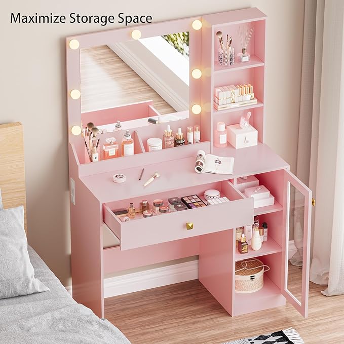 Small Vanity Desk with Mirror and Lights, Makeup Vanity Desk with Adjustable Brightness 3 Light Modes, RGB Storage Cabinet, Power Outlet, Drawer, Shelves (Rose Blush)
