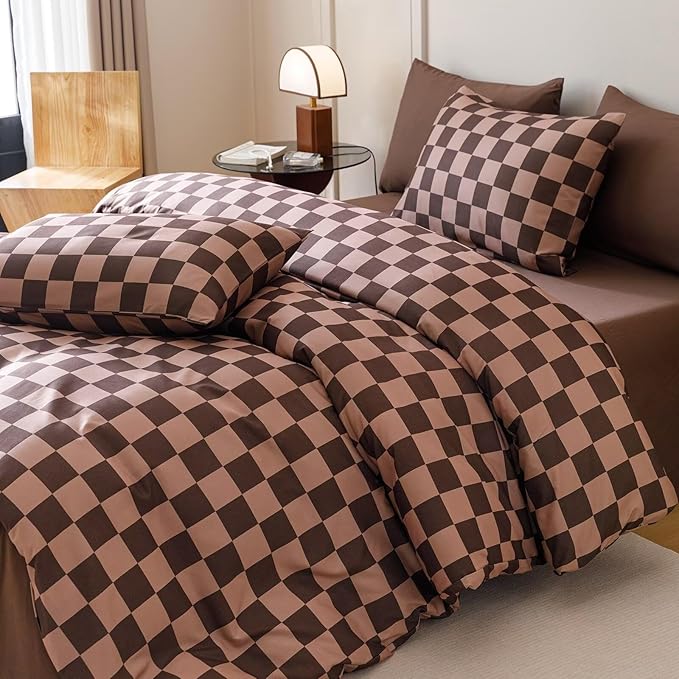 Luxlovery Brown Grid Comforter Set Full Brown Khaki Plaid Bedding Comforter Set Women Men Full Bed Soft Breathable Blanket Quilts Modern Geometric Coffee 3pcs Bedding Set