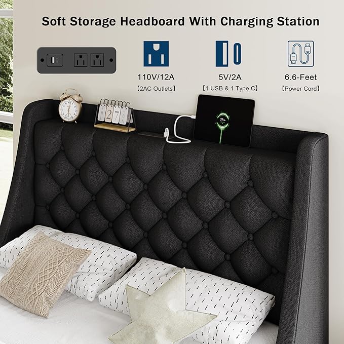 Twin Bed Frame with 4 Storage Drawers, Giant Upholstered Wingback Headboard, Fast Charging Station, No Box Spring Needed, Noise-Free, Black