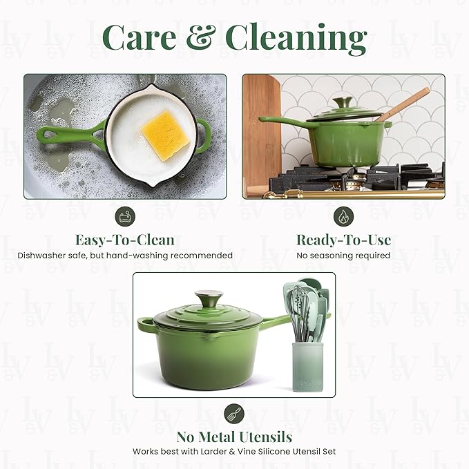 Larder & Vine Enameled Cast Iron Saucepan | 2.2 qt Sauce Pan with Lid | Saucepan with Pour Spouts | Enameled Cast Iron Pot Compatible on All Cooktops & Oven Safe to 500° F | Okra