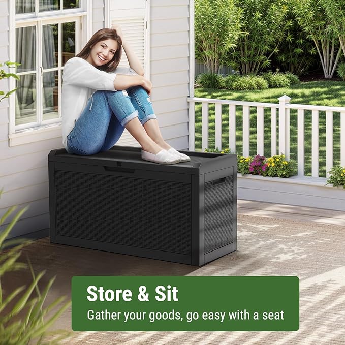 Mars Villa 60 Gallon Outdoor Storage Bench, Deck Box Waterproof Outside Resin Storage Bin for Outdoor Patio Furniture Cushions, Pool Supplies, Garden Tools, UV-Resistant and Weatherproof, Rattan Black