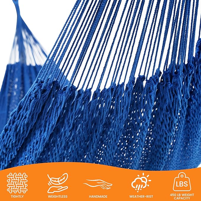 Lazy Daze Hammocks Handwoven Mayan Hammock, 10.5 FT Soft Rope Double Hammocks, Portable Outdoor Hammock with Carry Bag, 2 Straps & carabiners for Patio Outside, 550 lbs Weight Capacity, Blue