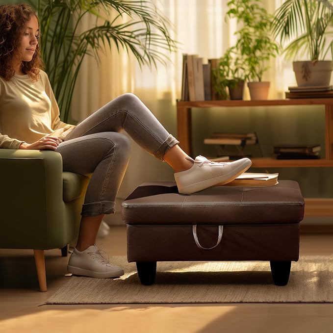 Ottoman Rectangular Storage Ottoman Bench, Faux Leather Footrest, Coffee Table, Stool Footstool with Hinged Lid for Living Room, Bedroom, Entryway, Brown, 28.5"x19"x17.5"