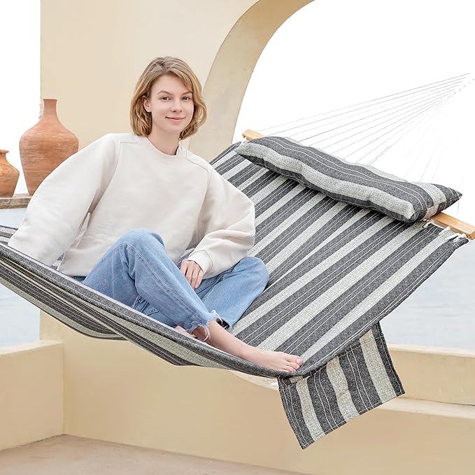 2 Person Hammocks for Outside, Double Quilted Fabric Outdoor Hammock with Spreader Bar, Large Removable Pillow, Storage Pockets, Carabiners, Max 475 lbs Capacity (Slate Grey)