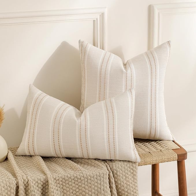 Hckot Throw Pillow Covers 24x24 Set of 2 Striped Pillow Covers Textured Linen Decorative Pillows Square Cushion Covers for Sofa Couch Bed Living Room Farmhouse Decor