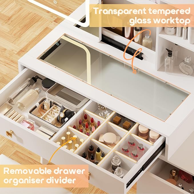 KAMABOKO Vanity Desk with Sliding Mirror and Lights, Makeup Vanity Table with 4 Drawers and Storage Rack, Glass Transparent Top Makeup Vanity with Stool for Bedroom (White)