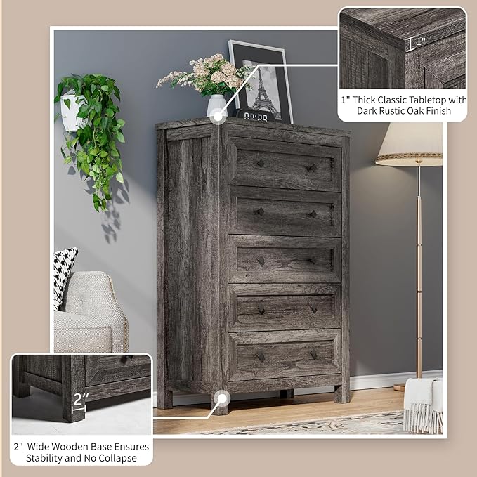 Farmhouse 5 Drawers Dresser, Wood Rustic Chest of Drawers for Bedroom, Tall Dressers Organizer with Metal Handles, 5 Drawers Chest for Living Room, Hallway, Entryway, Grey