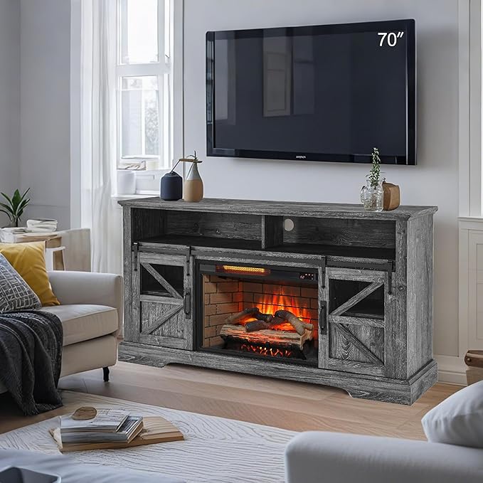 Fireplace TV Stand with Auto-Power-Off Door Sensor, Farmhouse 70" TV Console, Media Entertainment Center with Sliding Barn Door, Adjustable Shelves, Fireplace Heater, Dark Rustic Oak