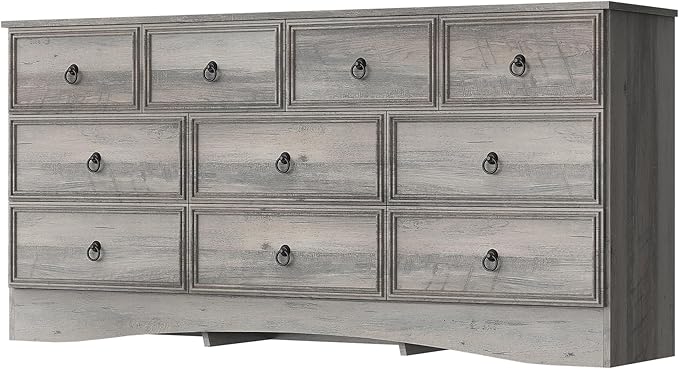 63”W Dressers for Bedroom, Grey Dresser with 10 Deep Drawer, Long Dressers & Chests of Drawers for Clothes, Easy Pulls Handle, Textured Borders, for Living Room, Hallway,Taupe Grey