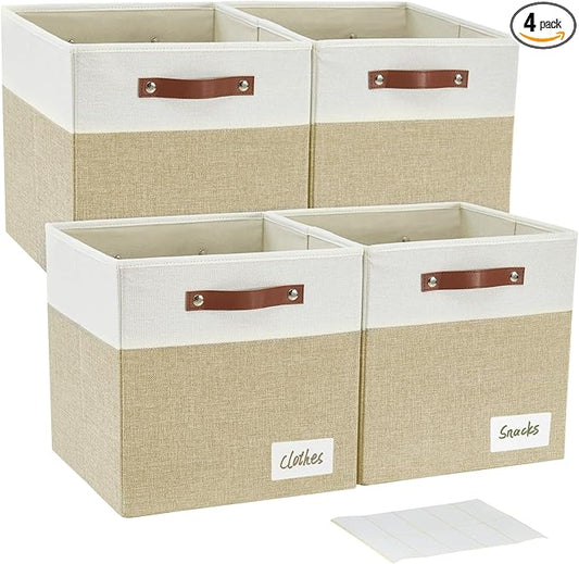 Collapsible Fabric Storage Cube Bins with 2 Reinforced PU Handles, Foldable Storage Organizer Baskets for Closet, Shelves, Living Room | 11"x11"x11", 4 Pack, Beige & White