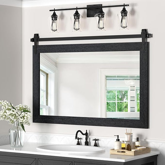 Farmhouse Mirror 42”x28” Black Rustic Mirror for Wall Vanity Mirrors Barn Door Style Decor Bathroom Living Room Entryway Bedroom Mirrors
