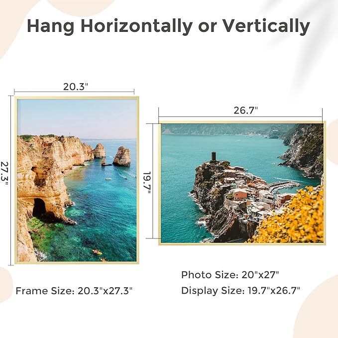 20x27 Metal Picture Frame - Gold Aluminum Picture Frames with Real Glass, Wall Mounting Horizontally or Vertically, Diploma, Certificates and Decor for Wall Gallery 27x20 Frame, Gold