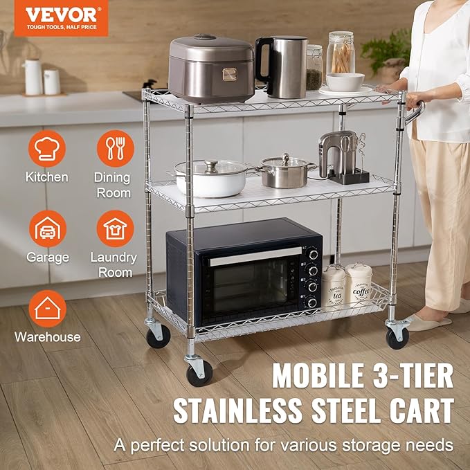 VEVOR Kitchen Utility Cart, 3 Tiers, Wire Rolling Table with 661 LBS Capacity, Steel Service Desk on Wheels, Metal Storage Trolley with 80 mm Deep Basket Curved Handle PP Liner 6 Hooks