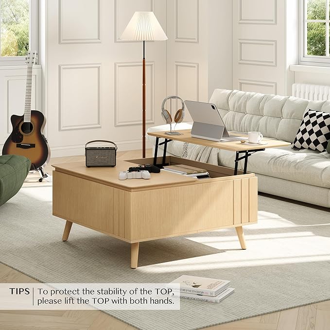 Lift Top Coffee Table with Storage,Large Square Coffee Tables for Living Room,Mid Century Modern Center Table for Home Office, Oak