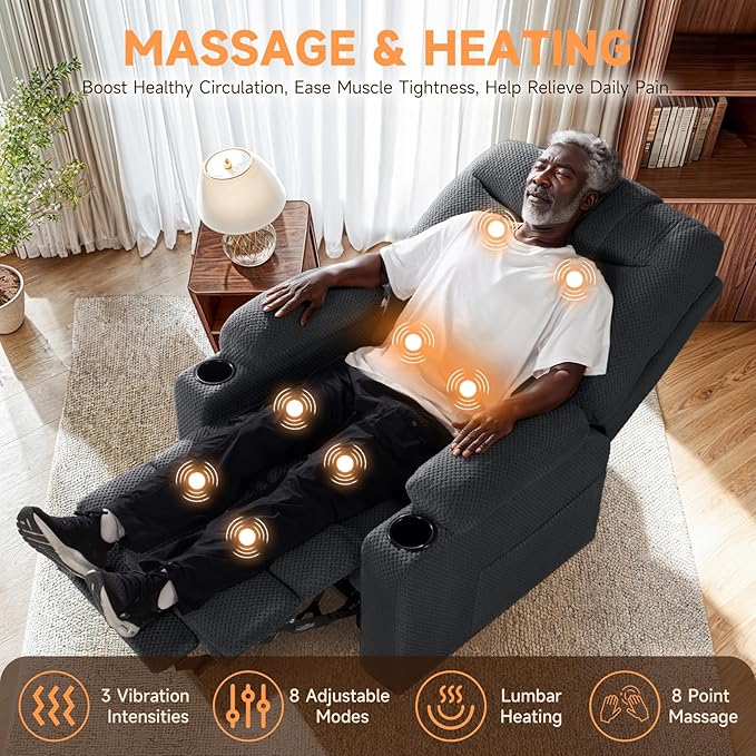 Triple Motor Large-Wide Power Lift Recliner Chair with Power Headrest for Big and Tall Elderly, Infinite Position, Massage Heat, Extend Footrest, USB, Cup Holder, Plush Flannel, Dark Grey