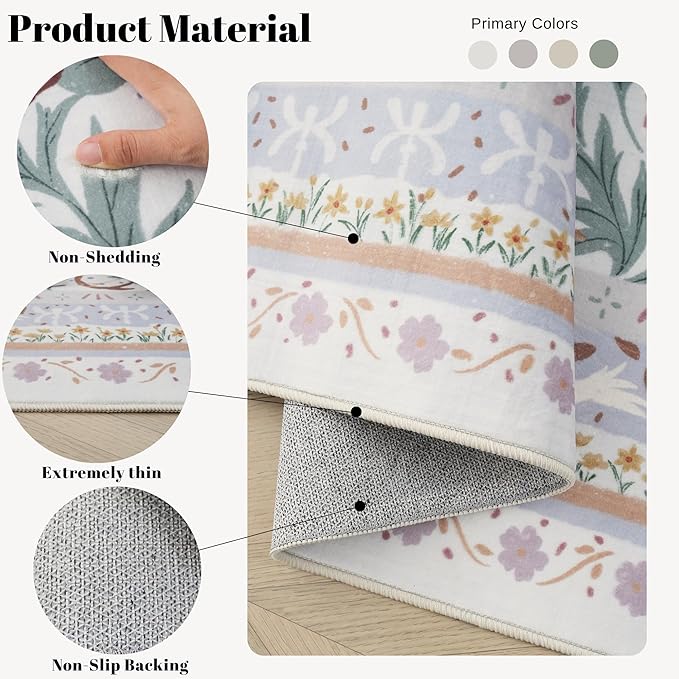 Runner Rug for Kitchen Rug Non Slip 2'x6' Washable Rugs with Rubber Backing Soft Vintage Floral Botanical Carpet Runner for Kitchen, Laundry, Bedroom, Bathroom, Beige