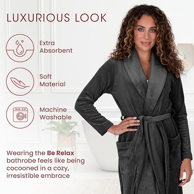 Be Relax Terry Velour Robe - Made of Polyester, Shawl Collar Robe with Belt & Side Pockets, Soft & Warm Bathrobe for Women