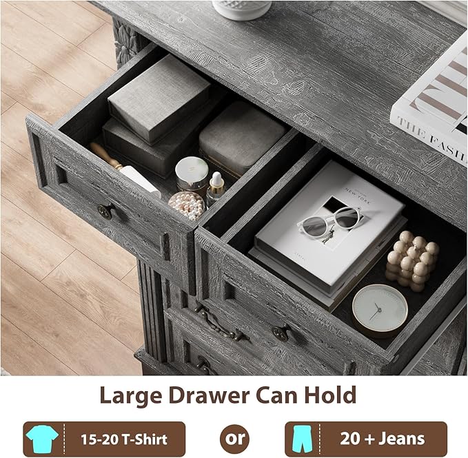 Farmhouse 6 Drawers Dresser, Wood Dressers for Bedroom, Tall 6 Chset of Drawers with Carved Wood Pilasters, Rustic Dressers Organizer for Bedroom, Hallway, Light Gray