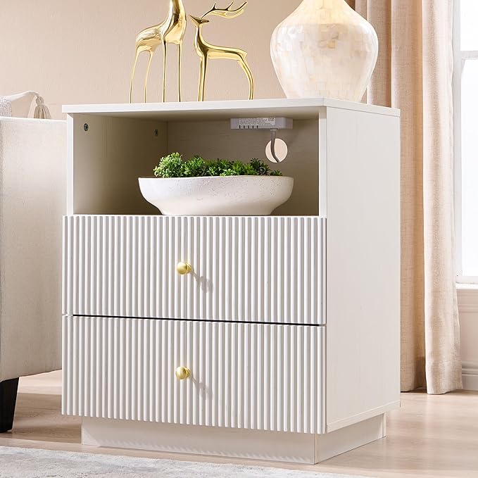 Fluted Nightstand with Charging Station, 21.65" Wide End Table with 2 Drawers, Modern Wood Bedside Table for for Bedroom, Living Room,White