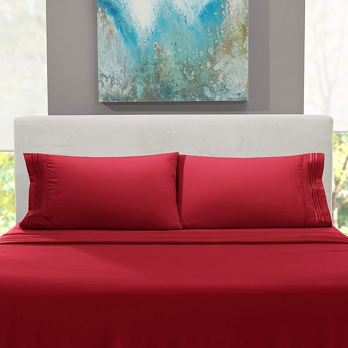 Nestl Short Queen Sheet Set - 1800 Ultra-Soft Microfiber - Double Brushed - Deep Pockets - Easy Fit - 4 Piece Set - Bed Sheets (Short Queen, Burgundy Red)