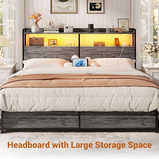 Aheaplus Headboard for Queen Size Bed Frame, Headboards with Outlets, USB Ports and LED Light, Head Board with Storage, Height Adjustable, Sturdy and Stable Headboard, Queen Size, Black Oak