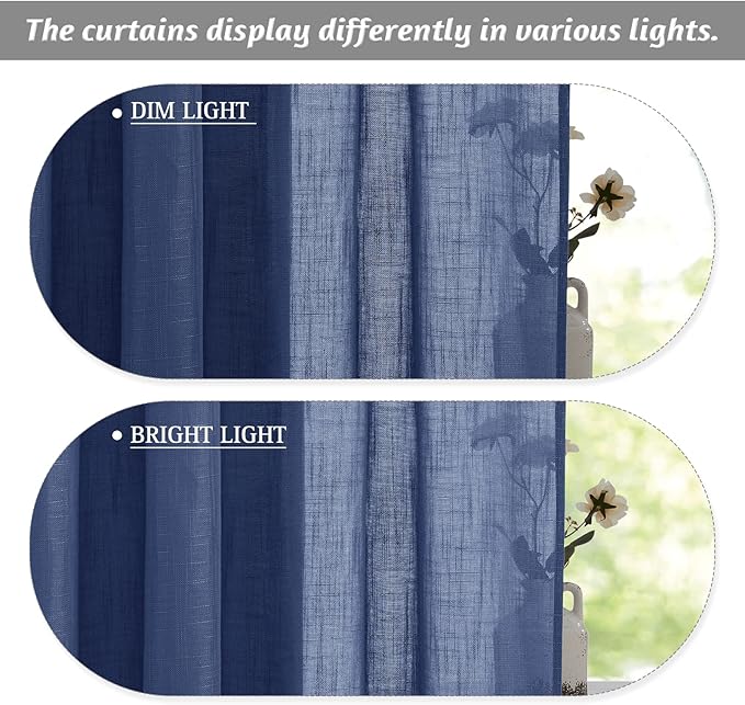 RYB Home Curtains for Living Room - Linen Texture Sheer Farmhouse Country Curtains for Patio Sliding Glass Door French Door Bedroom Dining, Navy Blue, 52 x 95 inches, 2 Panels