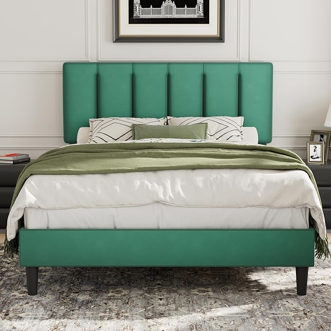 VECELO Full Bed Frame with Upholstered Headboard, Heavy-Duty Platform Bedframe with Strong Wooden Slats Support, No Boxing Spring Needed, Dark Green