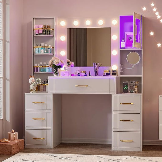 Makeup Vanity Desk with Mirror and Lights,Glass Top Dresser with Charging Station,Vanity Table with 7 Drawers and 10X Makeup Mirror,Rotating Open Storage Cabinet (White-10X Mirror, Large)