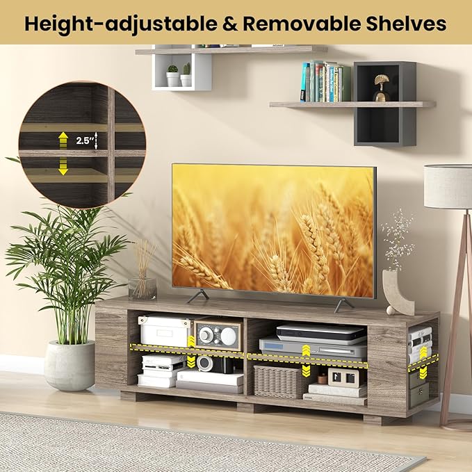 Giantex Modern TV Stand for TVs up to 65 Inch, Wood Entertainment Center w/ 8 Open Storage & Adjustable Shelves, Television Stands w/Cable Holes, TV Console Table for Living Room Bedroom (Black Oak)