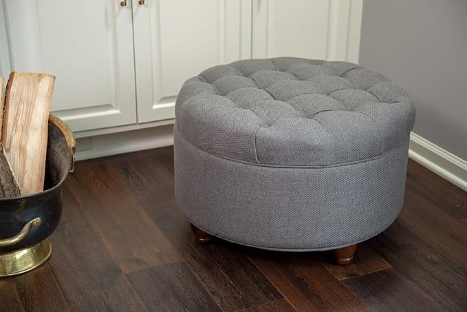 Homepop Home Decor | Button Tufted Woven Round Storage Ottoman | Ottoman with Storage for Living Room & Bedroom (Dark Gray)