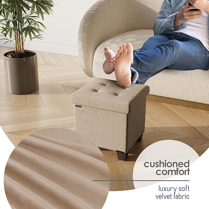 STORAGEBUD Storage Ottoman Cube with Small Bin, 15-in Square Ottoman with Storage for Living Room and Bedroom, Small Ottomans Foot Rest, Velvet Foot Stools Ottomans Max 330lbs, Taupe
