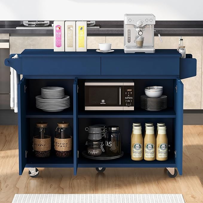 53.2'' Kitchen Island with Drop Leaf, Kitchen Storage Cart with Spice Rack, Towel Rack and 2 Drawers, Rolling Kitchen Island on Wheels with Adjustable Shelves for Kitchen, Dining Room, Navy Blue