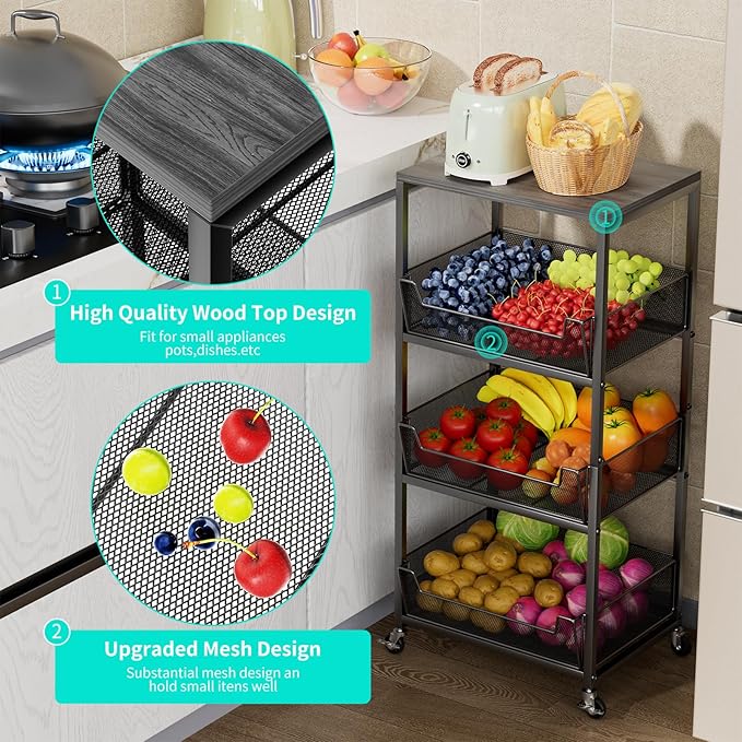 HapiRm Fruit Basket Kitchen Cart - 4-Tier Rolling Storage Cart with Wheels, Fruit Vegetable Basket with Wood Top, Pantry Utility Kitchen Organizer for Fruit Potato Onion Vegetable Bread Snack