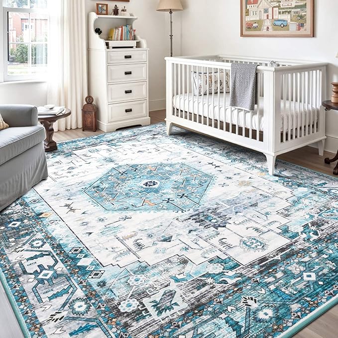 5x7 Area Rugs for Living Room, Non Slip Vintage Floral Rug for Bedroom Dining Room, Low Pile Indoor Carpet for Nursery, Kitchen, Office Home Decor, Blue