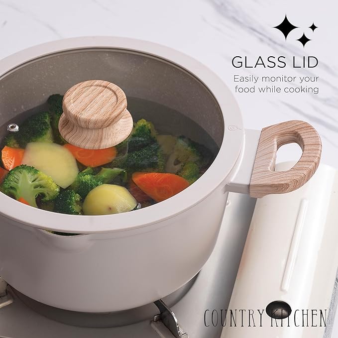 Country Kitchen Non-Stick Cast Aluminum Cookware Set - Durable Kitchen Cookware for Everyday Cooking, Cream Round Handle, 11 Pc.